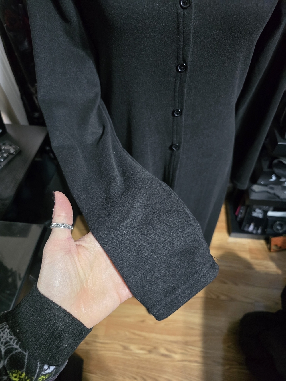 Black Long-Sleeve V-Neck Button-Front Maxi Dress - Picture 2 of 6